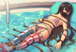 Rule 34 | 1girl, alternate costume, american flag bikini, american flag legwear, asymmetrical legwear, bdsm, bikini, black hair, bondage, bound, breasts, cloth gag, commission, flag print, gag, gagged, garter belt, headgear, highres, improvised gag, kaddo, kantai collection, large breasts, long hair, lying, mismatched legwear, nagato (kancolle), navel, on back, red eyes, rope, solo, striped clothes, striped thighhighs, swimsuit, thighhighs, vertical-striped clothes, vertical-striped thighhighs