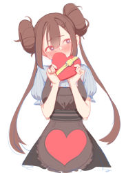 Rule 34 | 1girl, alternate costume, apron, averting eyes, blue eyes, blush, box, brown apron, brown hair, closed mouth, commentary request, creatures (company), double bun, embarrassed, game freak, gift, grey shirt, hair bun, heart, heart-shaped box, heart-shaped pupils, holding, holding gift, korean commentary, long hair, looking to the side, matdoljangin, nintendo, pokemon, pokemon bw2, raised eyebrows, rosa (pokemon), shirt, short sleeves, sidelocks, skirt, solo, symbol-shaped pupils, twintails, valentine