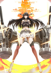 Rule 34 | 10s, 1girl, black hair, brown eyes, crossed arms, frown, gunbuster pose, hair ornament, hairband, headgear, highres, ikeno masahiro, kantai collection, long hair, midriff, nagato (kancolle), personification, pleated skirt, red thighhighs, skirt, thighhighs, top wo nerae!, zettai ryouiki
