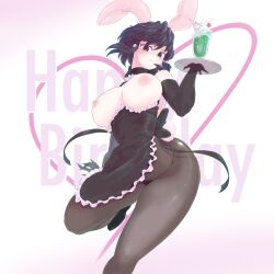Rule 34 | 1girl, absurdres, animal ears, apron, bad source, black dress, black panties, blush, breasts, breasts out, dress, drink, earrings, english text, fake animal ears, female pubic hair, fire emblem, fire emblem: genealogy of the holy war, fire emblem heroes, frills, happy birthday, highres, holding, holding tray, jewelry, larcei (fire emblem), large breasts, looking at viewer, maid, maid apron, nintendo, nipples, no bra, panties, pantyhose, pubic hair, rabbit ears, rabbit tail, see-through, see-through panties, short hair, side-tie panties, simple background, string panties, ta dasu (tadasu hayashi), tail, tray, underwear