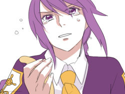 Rule 34 | 00s, 1girl, 6 (yuchae), androgynous, collared shirt, colored eyelashes, crying, crying with eyes open, eyes visible through hair, fingernails, hair between eyes, hand up, long hair, looking at viewer, melty blood, necktie, purple eyes, purple hair, shirt, sion eltnam atlasia, solo, tears, tsukihime, upper body, white shirt, wing collar, yellow necktie