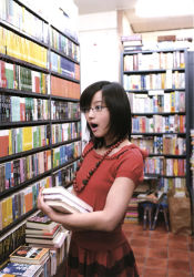 Rule 34 | asian, book, brown hair, dress, glasses, photo (medium), red dress, solo