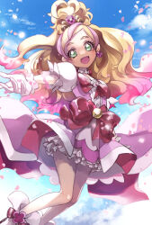 Rule 34 | 1girl, blonde hair, bow, commentary, cure flora, earrings, flower, flower earrings, flower necklace, frills, gloves, go! princess precure, green eyes, haruno haruka, highres, jewelry, kandori makoto, long hair, magical girl, multicolored hair, necklace, open mouth, petals, pink bow, pink hair, ponytail, precure, puffy short sleeves, puffy sleeves, short sleeves, smile, solo, streaked hair, waist bow, white gloves