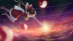 Rule 34 | 1girl, above clouds, absurdres, armpits, ascot, barefoot, black eyes, black hair, blurry, bow, cloud, depth of field, detached sleeves, floating hair, flying, frilled skirt, frills, from side, gohei, hair bow, hair tubes, hakurei reimu, highres, japanese clothes, long hair, long sleeves, miko, orb, profile, red shirt, red skirt, sarena, shirt, skirt, skirt set, sleeveless, sleeveless shirt, solo, space, sunlight, touhou, wide sleeves, yin yang, yin yang orb