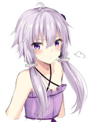 Rule 34 | 1girl, :t, ahoge, bare shoulders, blush, closed mouth, commentary request, criss-cross halter, dress, hair between eyes, hair ornament, halterneck, highres, kohakope, long hair, looking at viewer, pout, purple dress, purple eyes, purple hair, simple background, solo, upper body, voiceroid, white background, yuzuki yukari