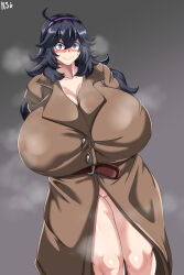 Rule 34 | 1girl, @ @, absurdres, ahoge, alternate breast size, black hair, blush, bottomless, breasts, breath, coat, covered erect nipples, creatures (company), exhibitionism, furrowed brow, game freak, groin, hair between eyes, hairband, heavy breathing, hex maniac (pokemon), highres, huge breasts, long hair, long sleeves, looking at viewer, naked coat, navel, nintendo, nipples, nude, open clothes, open coat, open mouth, pokemon, pokemon xy, public indecency, purple eyes, purple hairband, pussy, pussy juice, smile, solo, stomach, sweat, trench coat, very long hair, wirberlwind