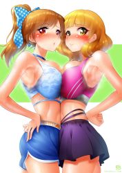 Rule 34 | 2girls, asymmetrical docking, blue bow, blue skirt, blue sports bra, bow, breast press, breasts, brown hair, clenched hand, copyright notice, hair bow, hand on own hip, hands on own hips, highres, hot, large breasts, looking at viewer, midriff, miniskirt, multiple girls, nanakusagayu (nanakusa garou), nervous sweating, open mouth, orange eyes, original, pink sports bra, polka dot, polka dot bow, ponytail, purple skirt, signature, simple background, skirt, sports bra, sportswear, steam, steaming body, striped, striped background, sweat, sweaty clothes, symmetrical docking, thighhighs, thighs, toned, very sweaty, wet, worried, yellow eyes, zettai ryouiki