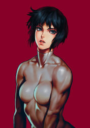 Rule 34 | 1girl, as109, black hair, blue eyes, bodysuit, breasts, cyberpunk, cyborg, ghost in the shell, highres, kusanagi motoko, looking at viewer, medium breasts, muscular, muscular female, parted lips, realistic, red background, science fiction, short hair, simple background, solo, toned, upper body