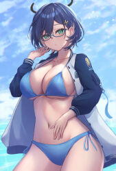 Rule 34 | 1girl, absurdres, aqua-framed eyewear, bikini, blue archive, blue bikini, blue hair, blush, breasts, chihiro (blue archive), cleavage, closed mouth, collarbone, commentary, glasses, green eyes, hair ornament, halo, halterneck, hand in own hair, hand on own stomach, highres, jacket, large breasts, long sleeves, looking at viewer, navel, neko punch (user hddm3373), open clothes, open jacket, outdoors, rabbit hair ornament, semi-rimless eyewear, short hair, side-tie bikini bottom, solo, stomach, swimsuit, under-rim eyewear