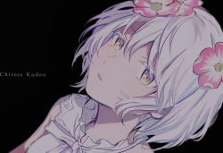 Rule 34 | 1girl, bare shoulders, black background, bow, character name, colored eyelashes, dress, dutch angle, flower, fuji fujino, hair between eyes, hair flower, hair ornament, kudou chitose, nijisanji, parted lips, pink flower, simple background, sleeveless, sleeveless dress, solo, tears, virtual youtuber, white bow, white dress, white hair, yellow eyes