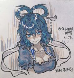 Rule 34 | 1girl, blue eyes, blue hair, blue shirt, breasts, chinese commentary, chinese text, cleavage, closed mouth, collarbone, commentary request, frilled sleeves, frills, hagoromo, hair ornament, hair rings, hair stick, highres, kaku seiga, medium breasts, medium hair, puffy short sleeves, puffy sleeves, shawl, shirt, short sleeves, smile, solo, touhou, translation request, xianyujunzhimiyingla