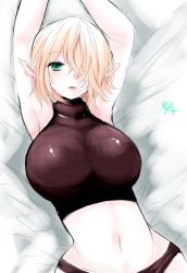 Rule 34 | 1girl, armpits, arms up, blonde hair, breasts, crop top, female focus, green eyes, hair over one eye, han (jackpot), large breasts, lying, midriff, mizuhashi parsee, navel, on back, pointy ears, short hair, sketch, solo, touhou