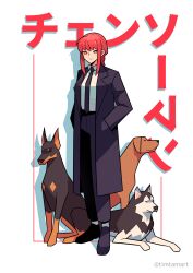 Rule 34 | 1girl, 3others, absurdres, black coat, black necktie, black pants, braid, braided ponytail, chainsaw man, coat, collared shirt, formal, german shepherd, hands in pockets, highres, husky, looking at viewer, makima (chainsaw man), medium hair, multiple others, necktie, pants, red hair, rhodesian ridgeback, shirt, shirt tucked in, sidelocks, simple background, smile, solo focus, standing, suit, timtam, twitter username, white background, white shirt