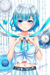 Rule 34 | 1girl, bare arms, bare shoulders, blue camisole, blue eyes, blue hair, blue ribbon, blue skirt, blush, bracelet, camisole, clock, closed mouth, commentary request, fingernails, gem, hair between eyes, hair ornament, hairclip, highres, jewelry, md5 mismatch, omoomomo, original, pendant, pleated skirt, resolution mismatch, revision, ribbon, roman numeral, signature, skirt, smile, solo, source larger