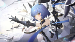 Rule 34 | 1girl, armpits, azur lane, bare shoulders, bird, blue hair, blunt bangs, choker, commentary request, cross, cross choker, cross necklace, dress, elbow gloves, eyes visible through hair, gascogne (azur lane), gauntlets, gloves, headgear, highres, holding, holding scepter, jewelry, looking afar, looking away, machinery, necklace, parted lips, reaching, scepter, seagull, short hair, sidelocks, strapless, strapless dress, turret, white dress, xiaoxiao nanjue buyaokeng, yellow eyes