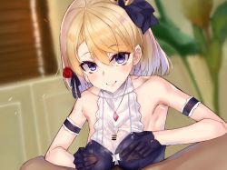Rule 34 | 1boy, 1girl, alternate costume, arm strap, armpits, azur lane, bad id, bad pixiv id, bar censor, bare shoulders, blonde hair, blush, breasts, breasts squeezed together, censored, closed mouth, clothed paizuri, collarbone, commentary request, cum, cum in clothes, cum on body, cum on breasts, cum on upper body, dress, flower, gloves, hair between eyes, hair flower, hair ornament, hair ribbon, highres, jewelry, large breasts, looking at viewer, male pubic hair, necklace, paizuri, paizuri under clothes, penis, pubic hair, purple eyes, purple gloves, purple ribbon, red flower, red rose, ribbon, rose, short hair, sleeveless, sleeveless dress, smile, solo focus, suujiniku, sweat, z23 (azur lane), z23 (the banquet&#039;s honor student) (azur lane)