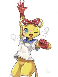 Rule 34 | 1girl, :3, animal ears, animal nose, arms up, blue eyes, blue sailor collar, blush, body fur, bottomless, bow, breasts, breath, cleft of venus, clenched hand, cowboy shot, diddy kong racing, female focus, furry, furry female, gloves, groin, hair bow, happy, highres, looking at viewer, mouse ears, mouse girl, mouse tail, nose blush, nousen, one eye closed, open mouth, outstretched arm, pipsy, polka dot, polka dot bow, pussy, red bow, red gloves, sailor collar, shirt, short sleeves, simple background, small breasts, smile, solo, standing, sweat, tail, thighhighs, thighs, tongue, uncensored, whiskers, white background, white shirt, white thighhighs, wink, yellow fur
