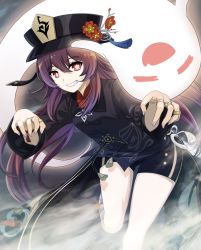Rule 34 | 1girl, :d, = =, absurdres, bead bracelet, beads, bent over, black hat, black shorts, bracelet, brown hair, clenched teeth, commentary request, fang, flower, genshin impact, ghost, ghost pose, grin, hair flaps, hat, hat flower, highres, hu tao (genshin impact), jewelry, long hair, long sleeves, looking at viewer, mandarin collar, multiple rings, nail polish, open mouth, purple nails, red eyes, ring, shiina excel, shorts, skin fang, smile, socks, standing, standing on one leg, symbol-shaped pupils, tassel, teeth, very long hair, white socks