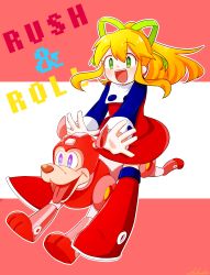 Rule 34 | 1girl, :d, absurdres, blonde hair, blue eyes, blue shirt, blush, boots, character name, commentary request, dog, dress, flat chest, full body, green eyes, green ribbon, hair between eyes, hair ribbon, highres, knee boots, long hair, long sleeves, looking at viewer, mega man (classic), mega man (series), mega man 3, non-humanoid robot, open mouth, outline, ponytail, red dress, red footwear, ribbon, robot animal, robot dog, roll (mega man), rush (mega man), shirt, sidelocks, smile, two-tone background, umeashida, undershirt, white outline