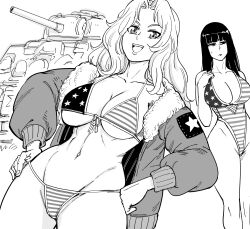 Rule 34 | 2girls, absurdres, american flag bikini, american flag swimsuit, bb (baalbuddy), bikini, blunt bangs, bomber jacket, breasts, cleavage, commentary, curvy, english commentary, female focus, flag print, fourth of july, front-tie bikini top, front-tie top, girls und panzer, greyscale, hands on own hips, highleg, highleg swimsuit, highres, jacket, kay (girls und panzer), large breasts, linea alba, long hair, military vehicle, monochrome, motor vehicle, multiple girls, navel, nishizumi shiho, one-piece swimsuit, open clothes, open jacket, plunging neckline, straight hair, swimsuit, tank, teeth, underboob, upper teeth only