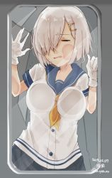 Rule 34 | 1girl, against glass, blue sailor collar, character name, cheek squash, closed eyes, commentary request, cowboy shot, dated, gloves, grey skirt, hair ornament, hair over one eye, hairclip, hamakaze (kancolle), kantai collection, neckerchief, one-hour drawing challenge, pleated skirt, sailor collar, school uniform, serafuku, short hair, short sleeves, silver hair, skirt, solo, twitter username, u yuz xx, white gloves, window, yellow neckerchief