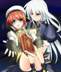 Rule 34 | 2girls, blue eyes, blush, brown hair, carrying, fingerless gloves, gloves, hair ribbon, hat, long hair, lyrical nanoha, mahou shoujo lyrical nanoha, mahou shoujo lyrical nanoha a&#039;s, multiple girls, open mouth, outstretched hand, panties, pantyshot, princess carry, puffy sleeves, red eyes, reinforce, ribbon, short hair, silver hair, skirt, smile, tome of the night sky, underwear, waist cape, yagami hayate, you (yousuke968), yousuke968