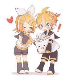 Rule 34 | !, &gt; &lt;, . ., 1boy, 1girl, arm warmers, bare shoulders, black collar, black legwear, black shorts, black sleeves, blonde hair, blue eyes, blush stickers, bow, brother and sister, bucket, chibi, collar, commentary, crop top, detached sleeves, eating, food, full body, grey collar, grey legwear, grey sleeves, hair bow, hair ornament, hairclip, headphones, heart, holding, holding bucket, kagamine len, kagamine rin, leg warmers, marshmallow, neckerchief, open mouth, sailor collar, school uniform, shirt, short hair, short ponytail, short shorts, short sleeves, shorts, siblings, smile, spiked hair, standing, suzumi (fallxalice), swept bangs, twins, vocaloid, white bow, white shirt, yellow neckerchief