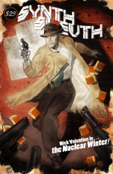 Rule 34 | 1boy, android, blouse, character name, coat, crystal graziano, english text, fallout (series), fallout 4, fedora, full body, gun, handgun, hat, highres, male focus, nick valentine, patch, poster (object), revolver, shirt, solo, standing, torn clothes, trench coat, weapon, white shirt