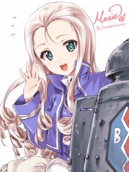 Rule 34 | 1girl, bc freedom (emblem), bc freedom military uniform, blonde hair, blouse, blue jacket, blue vest, blush, character name, drill hair, emblem, english text, ft-17, girls und panzer, green eyes, hand up, high collar, highres, jacket, kuroi mimei, long hair, long sleeves, marie (girls und panzer), military, military vehicle, motor vehicle, notice lines, on vehicle, open mouth, shirt, signature, simple background, skirt, smile, solo, tank, vest, white background, white shirt, white skirt
