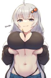 Rule 34 | 1girl, :q, ahoge, b.c, between breasts, black panties, blue eyes, breasts squeezed together, breasts, cleavage, closed mouth, food, grey hair, hair ornament, highres, huge breasts, kizuna akari, large breasts, long hair, looking at viewer, navel, navel piercing, panties, piercing, pocky, simple background, smile, solo, stomach, tank top, tongue, tongue out, underwear, voiceroid, white background