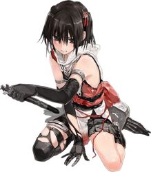 Rule 34 | 10s, 1girl, bare shoulders, black hair, blush, bob (biyonbiyon), detached sleeves, elbow gloves, full body, gloves, hair ornament, kantai collection, kneeling, looking at viewer, lowres, miniskirt, official art, personification, pleated skirt, reverse grip, scarf, sendai (kancolle), sendai kai ni (kancolle), short hair, single thighhigh, skirt, solo, thighhighs, torn clothes, torn gloves, torn thighhighs, torpedo, transparent background, white background