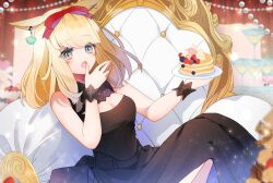 Rule 34 | 1girl, black dress, blonde hair, bow, breasts, cleavage, colored eyelashes, commission, dress, final fantasy, final fantasy xiv, food, grey eyes, hair bow, highres, long dress, long hair, medium breasts, miqo&#039;te, open mouth, pancake, red bow, skeb commission, solo, swept bangs, throne, wrist cuffs, yae (yae ringo)