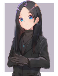 Rule 34 | 1girl, black gloves, black hair, black jacket, blue eyes, blue gemstone, closed mouth, earrings, forehead, gem, gloves, grey skirt, highres, itachi kanade, jacket, jewelry, long hair, long sleeves, looking at viewer, necklace, original, own hands together, pendant, simple background, skirt, solo, tareme, upper body