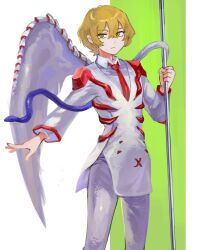 Rule 34 | 115 koubunshi, 1boy, blonde hair, closed mouth, collared shirt, commentary request, cowboy shot, e.g.o (project moon), highres, jacket, limbus company, lobotomy corporation, long sleeves, necktie, pants, project moon, red necktie, shirt, short hair, sinclair (project moon), single wing, solo, white jacket, white pants, white shirt, wings, yellow eyes