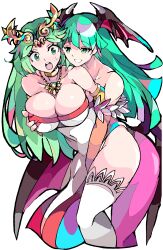 Rule 34 | absurdres, ancient greek clothes, bare shoulders, breasts, chiton, demon girl, demon wings, dress, enpe, grabbing, grabbing another&#039;s breast, green eyes, green hair, head wings, highres, jewelry, kid icarus, large breasts, laurel crown, long hair, looking at another, morrigan aensland, necklace, nintendo, open mouth, palutena, sexual harassment, smile, strapless, strapless dress, super smash bros., thighhighs, vampire (game), white background, white thighhighs, wings, yuri