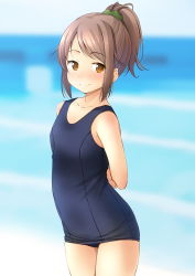 Rule 34 | 1girl, arms behind back, bare shoulders, blue one-piece swimsuit, blurry, blurry background, blush, brown eyes, brown hair, closed mouth, cowboy shot, depth of field, fang, fang out, green scrunchie, hair ornament, hair scrunchie, high ponytail, highres, nose blush, old school swimsuit, one-piece swimsuit, original, ponytail, school swimsuit, scrunchie, shibacha, sidelocks, smile, solo, standing, swept bangs, swimsuit