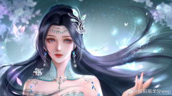 Rule 34 | 1girl, black hair, blue eyes, blurry, blurry background, bug, butterfly, collar, disembodied hand, doupo cangqiong, dust, earrings, hair ornament, hand up, highres, insect, jewelry, light, long hair, mianmianmian yang sheep, solo, upper body, yun yun (doupo cangqiong)