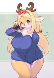 Rule 34 | 1girl, :p, absurdres, animal ears, animal nose, antlers, blonde hair, blue sweater, blush, body fur, bow, breasts, cellphone, deer antlers, furry, furry female, green eyes, hair bow, hairband, highres, holding, holding phone, horns, large breasts, long hair, looking at viewer, low twintails, orange fur, original, phone, red bow, red hairband, snout, solo, standing, sweater, thighs, tongue, tongue out, twintails, two-tone fur, white fur, whooo-ya