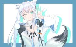 Rule 34 | 1girl, ahoge, animal ears, blue border, blue eyes, blue nails, border, braid, coat, fingernails, fox ears, fox shadow puppet, fox tail, fur-trimmed jacket, fur trim, green eyes, hand up, hololive, jacket, long hair, looking at viewer, nail polish, one eye closed, shadow, shirakami fubuki, shirakami fubuki (fubukitek), simple background, single braid, smile, solo, tail, upper body, very long hair, virtual youtuber, wataron, white background, white coat