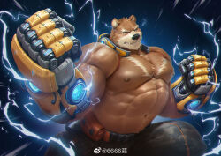 Rule 34 | 1boy, 6suan, abs, bara, bear boy, brown fur, chest tuft, deltoids, electricity, electrokinesis, eye trail, feet out of frame, foreshortening, furry, furry male, highres, knee up, large pectorals, light trail, looking at viewer, male focus, muscular, muscular male, navel hair, nipples, original, pectorals, prosthesis, prosthetic arm, short hair, solo, stomach, thick eyebrows, thick thighs, thighs, topless male, tusks