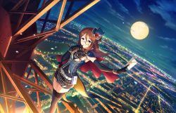 Rule 34 | 1girl, alternate costume, armpit peek, artist request, bare shoulders, belt, black gloves, blue eyes, brown hair, building, cape, city, city lights, cityscape, cloud, dutch angle, elbow gloves, envelope, full moon, furusawa yoriko, gloves, hat, holding, holding letter, idolmaster, idolmaster cinderella girls, idolmaster cinderella girls starlight stage, jewelry, letter, long hair, looking at viewer, monocle, moon, night, night sky, official art, outdoors, parted bangs, scenery, skirt, sky, sleeveless, smile, solo, star (sky), starry sky, thighhighs, top hat, zettai ryouiki
