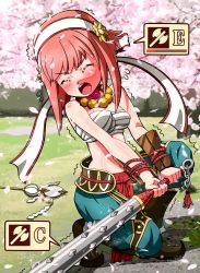 Rule 34 | 1girl, alternate costume, bad id, bad twitter id, bare shoulders, blush, boots, breasts, cherry blossoms, closed eyes, club, club (weapon), fire emblem, fire emblem fates, fire emblem heroes, grass, highres, holding, holding weapon, kanabou, misterror, nintendo, open mouth, outdoors, pants, petals, sakura (fire emblem), sarashi, small breasts, solo, weapon