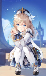 Rule 34 | 1girl, absurdres, alternate hairstyle, barbara (genshin impact), bare shoulders, blonde hair, blue eyes, blue sky, blurry, blurry background, book, cloud, cross, detached sleeves, dress, elbows on knees, genshin impact, hair between eyes, hair ornament, hat, highres, long hair, long sleeves, looking at viewer, outdoors, own hands together, pantyhose, petals, sky, smile, sob (submar1089), solo, squatting, white dress, white footwear, white hat, white pantyhose