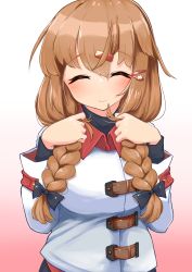 Rule 34 | 1girl, alternate hairstyle, blush, braid, brown hair, closed eyes, closed mouth, gradient background, hair between eyes, hair ornament, hairclip, highres, jacket, kantai collection, komb, long hair, long sleeves, smile, solo, tashkent (kancolle), twin braids, upper body, white jacket