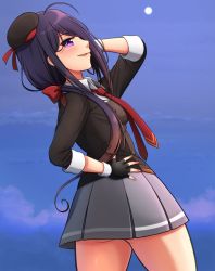 Rule 34 | 1girl, aqua hat, arched back, ariake (kancolle), beret, black gloves, black hair, black hat, blue sky, cloud, collared shirt, commentary request, cowboy shot, fingerless gloves, gloves, grey skirt, hair over one eye, hand on own hip, hat, highres, jougenmushi, kantai collection, long hair, long sleeves, looking at viewer, mini hat, moon, necktie, night, pleated skirt, profile, purple eyes, red necktie, shirt, skirt, sky, solo, standing