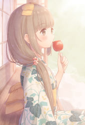 Rule 34 | 1girl, blunt bangs, blush, bow, brown eyes, brown hair, candy apple, closed mouth, commentary request, day, eating, food, hair bow, hand up, highres, holding, holding food, idolmaster, idolmaster cinderella girls, japanese clothes, kazane mari, kimono, leaf print, long hair, long sleeves, looking away, low twintails, obi, outdoors, print kimono, sash, solo, twintails, veranda, very long hair, white kimono, wide sleeves, yellow bow, yorita yoshino