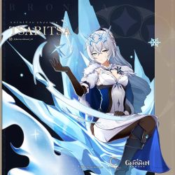 Rule 34 | 1girl, adapted costume, black footwear, black gloves, black pantyhose, boots, breasts, bronya zaychik, cleavage, closed mouth, company connection, crossover, dress, drill hair, elbow gloves, genshin impact, gloves, grey eyes, grey hair, honkai (series), honkai impact 3rd, ice, kawa.takumi 21, knee boots, long hair, looking at viewer, mihoyo, pantyhose, ponytail, snowflakes, solo, twin drills, white dress