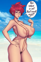 Rule 34 | 1girl, 2020, absurdres, areolae, armpit, artist name, bare shoulders, beach, bemannen, bikini, blue ocean, blue sky, blue water, breasts, cleavage, cloud, cloudy sky, collarbone, curvy, curvy hips, earrings, english text, eyelashes, eyeliner, eyeshadow, eyewear, facing viewer, female focus, female pubic hair, fingernails, fist, glasses, hand on hip, highres, huge areolae, huge breasts, huge cleavage, huge nipples, jewelry, long neck, looking at viewer, makeup, micro bikini, nail polish, navel, neck, nipples, ocean, original, outdoors, pubic hair, red hair, red nails, rimless eyewear, rimless glasses, rimless round glasses, round eyewear, round glasses, semi-nude, shiny, shiny skin, short hair, signature, skindentation, sky, slingshot swimsuit, solo, speech bubble, swimsuit, unshaved, water