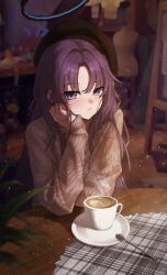 Rule 34 | 1girl, absurdres, arms on table, black beret, black halo, blue archive, blue eyes, blurry, blurry background, blurry foreground, blush, brown sweater, closed mouth, coffee, coffee mug, commentary request, cup, curtained hair, fuka (pixiv 84081952), hair intakes, hair over shoulder, halo, head on hand, head rest, highres, indoors, light particles, long hair, looking at viewer, mannequin, mechanical halo, mug, parted bangs, plaid, plant, purple hair, raised eyebrow, ribbed sweater, round table, saucer, sidelocks, sitting, sleeves past wrists, smile, solo, spoon, steam, sweater, table, turning head, yuuka (blue archive)