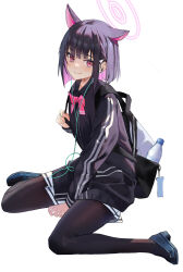Rule 34 | 1girl, absurdres, animal ears, backpack, bag, black footwear, black hair, black pantyhose, black shirt, blue archive, bottle, bow, bowtie, closed mouth, colored inner hair, duzizai, flats, highres, holding strap, kazusa (blue archive), long sleeves, looking at viewer, multicolored hair, pantyhose, pink bow, pink bowtie, pink eyes, pink hair, shirt, short hair, simple background, skirt, two-tone hair, water bottle, white background, white skirt